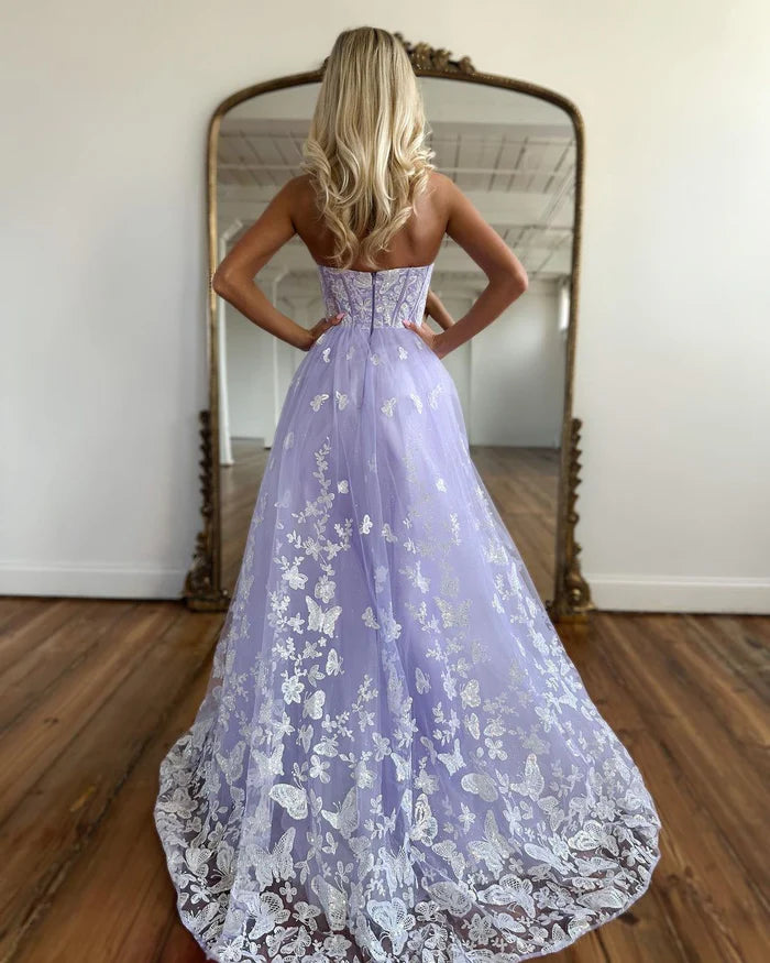 Weitese Dress Amazing Long Lilac A-line Sweetheart Strapless Party Dress With Elegant Lace Details Prom Dress